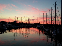 Brilliant sunset reflected in the water, surrounded by silhouettes of sailboats